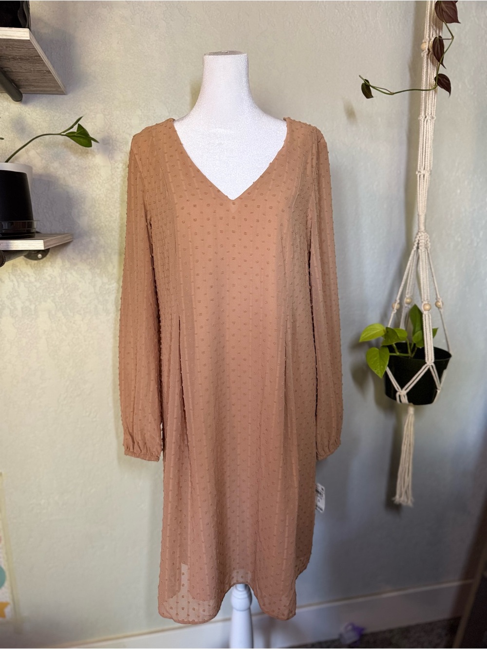 INC International Concepts Peach Long Sleeve Swiss Dot Dress
